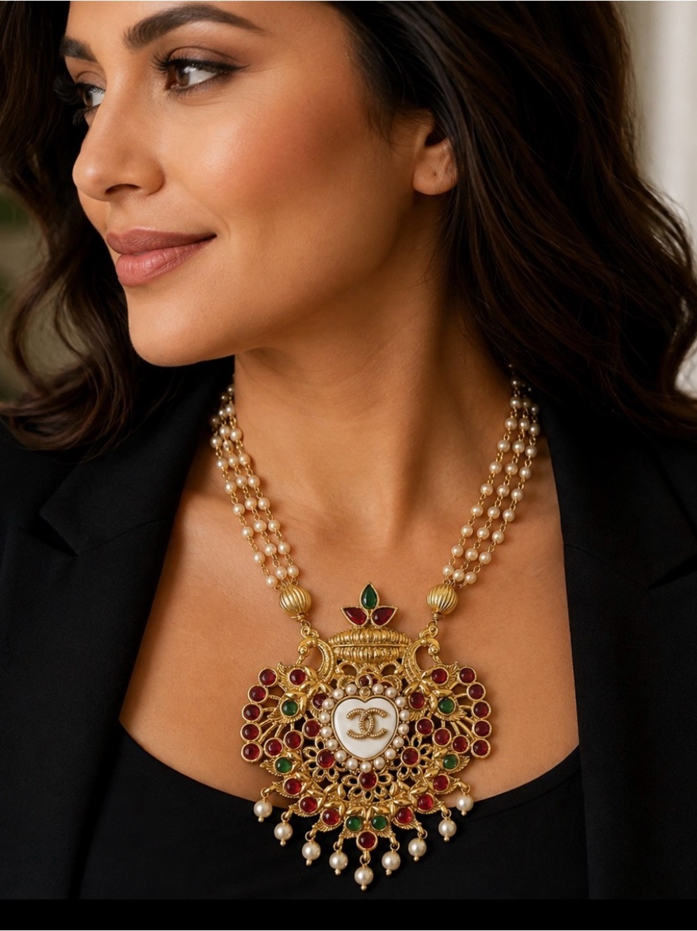 Gold-Tone Pearl Statement Necklace with Red and Green Accents